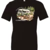black camping t-shirt featuring an old model camper in the woods with a table and chairs outside, and it says I’d rather be camping