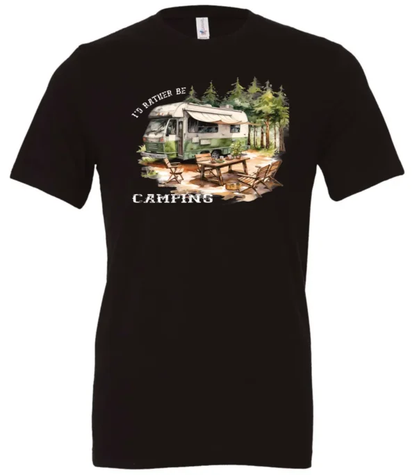 black camping t-shirt featuring an old model camper in the woods with a table and chairs outside, and it says I’d rather be camping