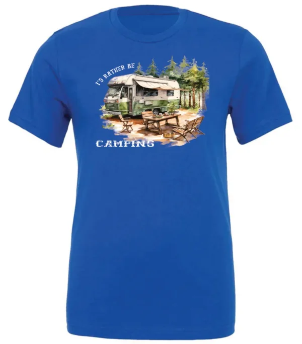 blue camping t-shirt featuring an old model camper in the woods with a table and chairs outside, and it says I’d rather be camping