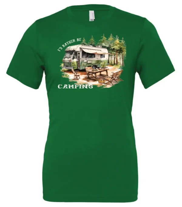 green camping t-shirt featuring an old model camper in the woods with a table and chairs outside, and it says I’d rather be camping