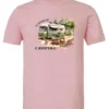 pink camping t-shirt featuring an old model camper in the woods with a table and chairs outside, and it says I’d rather be camping