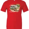 red camping t-shirt featuring an old model camper in the woods with a table and chairs outside, and it says I’d rather be camping
