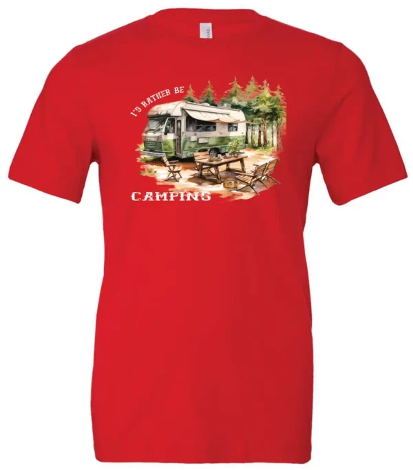 red camping t-shirt featuring an old model camper in the woods with a table and chairs outside, and it says I’d rather be camping