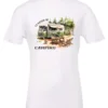 white camping t-shirt featuring an old model camper in the woods with a table and chairs outside, and it says I’d rather be camping