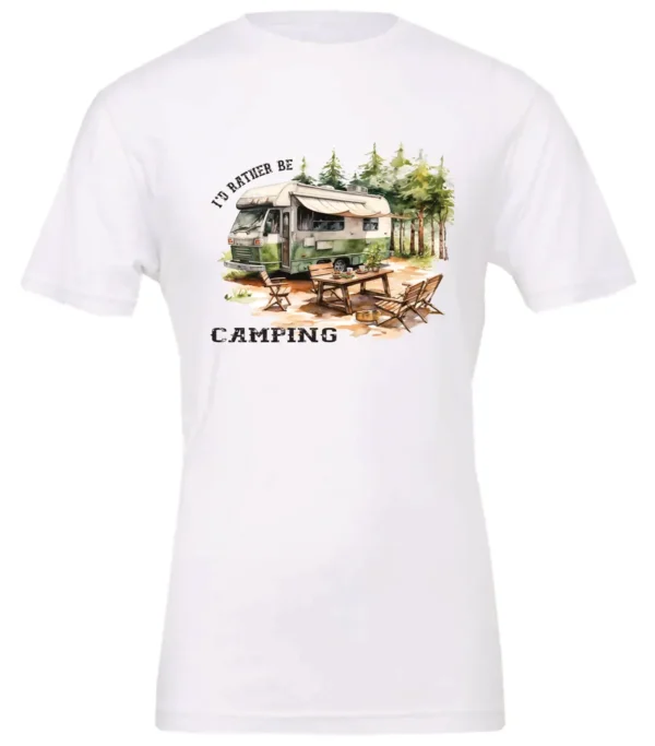 white camping t-shirt featuring an old model camper in the woods with a table and chairs outside, and it says I’d rather be camping