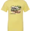 yellow camping t-shirt featuring an old model camper in the woods with a table and chairs outside, and it says I’d rather be camping