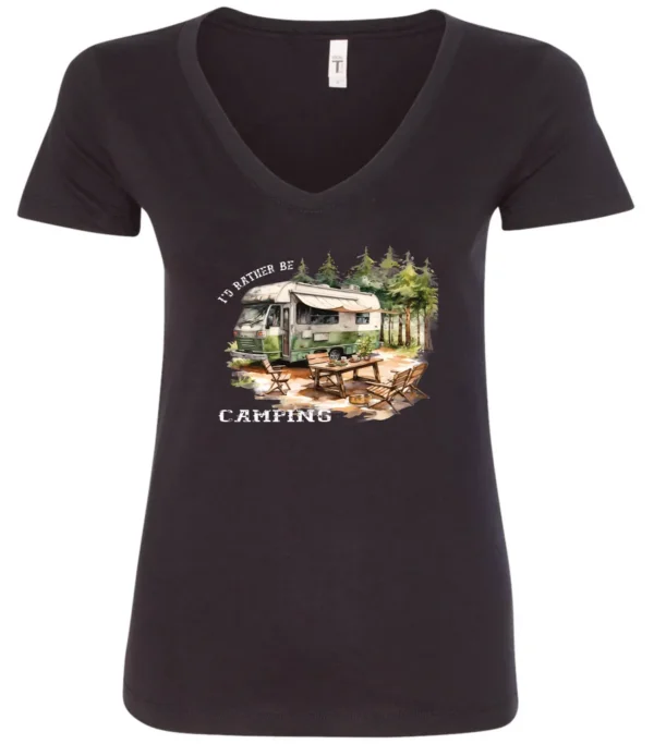 black camping v-neck t-shirt featuring an old model camper in the woods with a table and chairs outside, and it says I’d rather be camping
