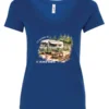blue camping v-neck t-shirt featuring an old model camper in the woods with a table and chairs outside, and it says I’d rather be camping