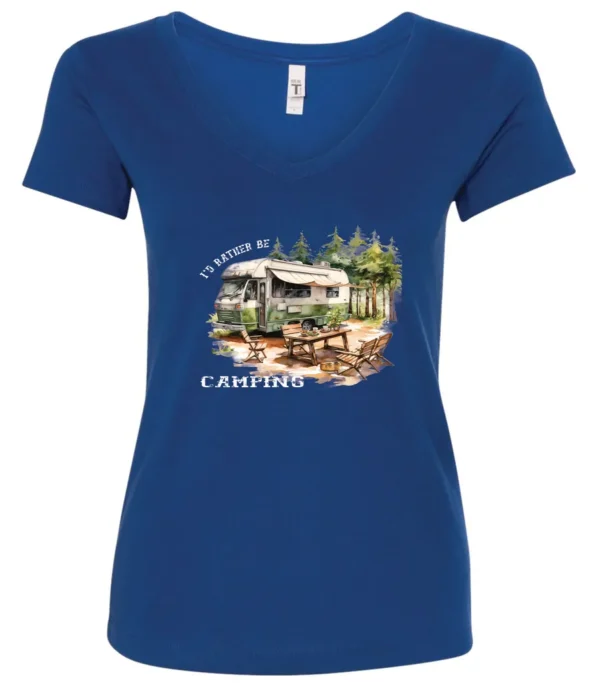 blue camping v-neck t-shirt featuring an old model camper in the woods with a table and chairs outside, and it says I’d rather be camping