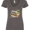 gray camping v-neck t-shirt featuring an old model camper in the woods with a table and chairs outside, and it says I’d rather be camping
