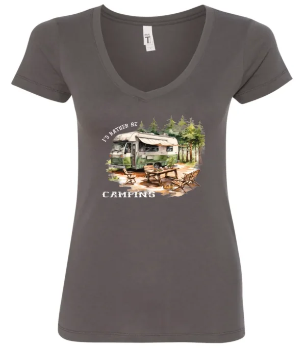 gray camping v-neck t-shirt featuring an old model camper in the woods with a table and chairs outside, and it says I’d rather be camping
