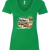 green camping v-neck t-shirt featuring an old model camper in the woods with a table and chairs outside, and it says I’d rather be camping