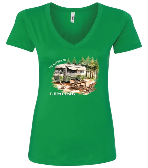 green camping v-neck t-shirt featuring an old model camper in the woods with a table and chairs outside, and it says I’d rather be camping