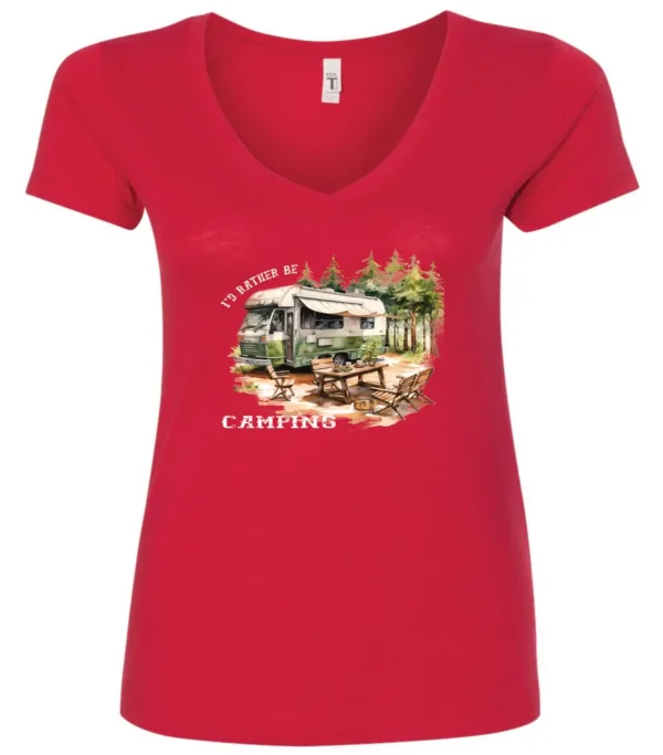 red camping v-neck t-shirt featuring an old model camper in the woods with a table and chairs outside, and it says I’d rather be camping