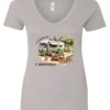 silver camping v-neck t-shirt featuring an old model camper in the woods with a table and chairs outside, and it says I’d rather be camping