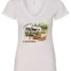 white camping v-neck t-shirt featuring an old model camper in the woods with a table and chairs outside, and it says I’d rather be camping