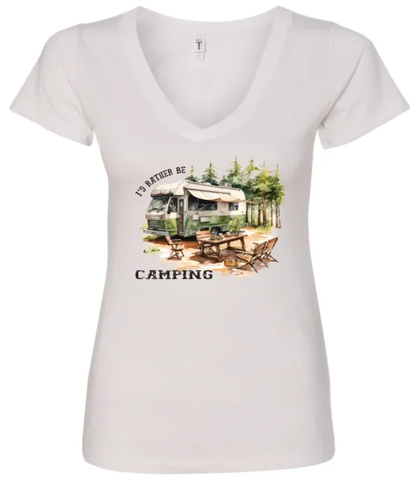 white camping v-neck t-shirt featuring an old model camper in the woods with a table and chairs outside, and it says I’d rather be camping
