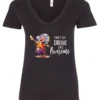 black alcohol v-neck t-shirt featuring a drunk old laughing woman with glasses drinking a cocktail and it says I don’t get drunk, I get awesome