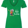 green alcohol v-neck t-shirt featuring a drunk old laughing woman with glasses drinking a cocktail and it says I don’t get drunk, I get awesome