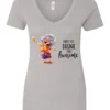 silver alcohol v-neck t-shirt featuring a drunk old laughing woman with glasses drinking a cocktail and it says I don’t get drunk, I get awesome