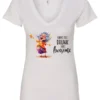 white alcohol v-neck t-shirt featuring a drunk old laughing woman with glasses drinking a cocktail and it says I don’t get drunk, I get awesome