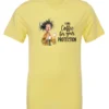 yellow coffee quote t-shirt featuring a disheveled woman in pajamas with two cups of coffee it says I drink coffee for your protection