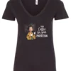 black coffee quote v-neck t-shirt featuring a disheveled woman in pajamas with two cups of coffee it says I drink coffee for your protection