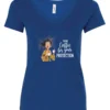 blue coffee quote v-neck t-shirt featuring a disheveled woman in pajamas with two cups of coffee it says I drink coffee for your protection