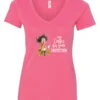pink coffee quote v-neck t-shirt featuring a disheveled woman in pajamas with two cups of coffee it says I drink coffee for your protection