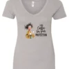 silver coffee quote v-neck t-shirt featuring a disheveled woman in pajamas with two cups of coffee it says I drink coffee for your protection