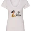 white coffee quote v-neck t-shirt featuring a disheveled woman in pajamas with two cups of coffee it says I drink coffee for your protection