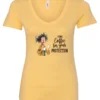 yellow coffee quote v-neck t-shirt featuring a disheveled woman in pajamas with two cups of coffee it says I drink coffee for your protection