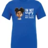 blue funny sarcastic t-shirt featuring a young black girl with two hair buns, glasses and angry face saying I'm not angry, this is just my face