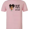 pink funny sarcastic t-shirt featuring a young black girl with two hair buns, glasses and angry face saying I'm not angry, this is just my face