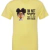 yellow funny sarcastic t-shirt featuring a young black girl with two hair buns, glasses and angry face saying I'm not angry, this is just my face