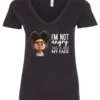 black funny sarcastic v-neck t-shirt featuring a young black girl with two hair buns, glasses and angry face saying I'm not angry, this is just my face