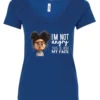 blue funny sarcastic v-neck t-shirt featuring a young black girl with two hair buns, glasses and angry face saying I'm not angry, this is just my face