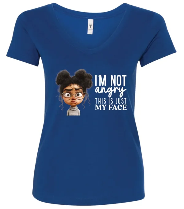 blue funny sarcastic v-neck t-shirt featuring a young black girl with two hair buns, glasses and angry face saying I'm not angry, this is just my face