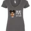 gray funny sarcastic v-neck t-shirt featuring a young black girl with two hair buns, glasses and angry face saying I'm not angry, this is just my face