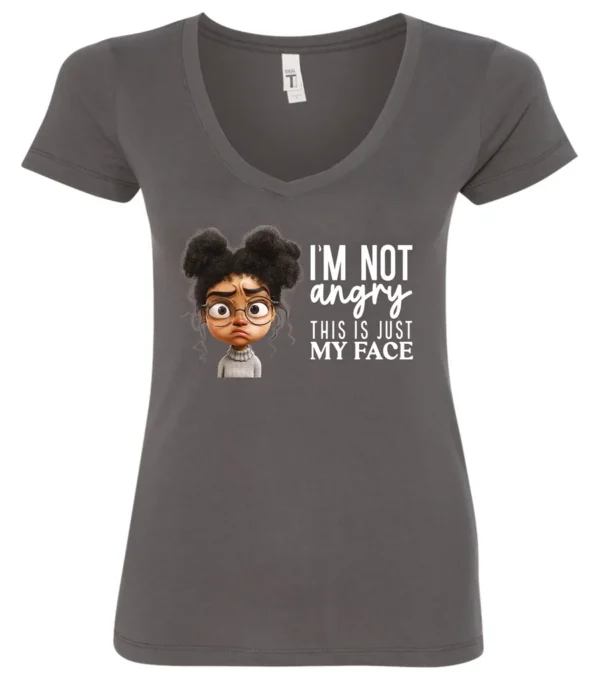 gray funny sarcastic v-neck t-shirt featuring a young black girl with two hair buns, glasses and angry face saying I'm not angry, this is just my face