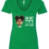 green funny sarcastic v-neck t-shirt featuring a young black girl with two hair buns, glasses and angry face saying I'm not angry, this is just my face