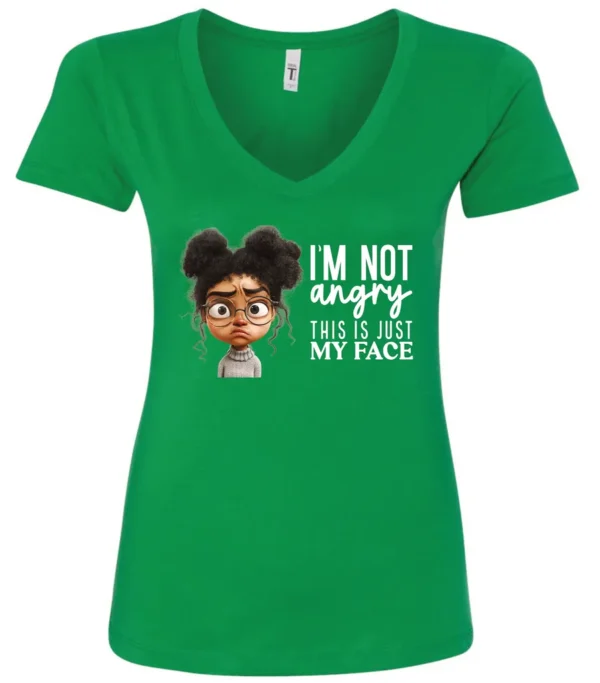green funny sarcastic v-neck t-shirt featuring a young black girl with two hair buns, glasses and angry face saying I'm not angry, this is just my face
