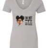 silver funny sarcastic v-neck t-shirt featuring a young black girl with two hair buns, glasses and angry face saying I'm not angry, this is just my face