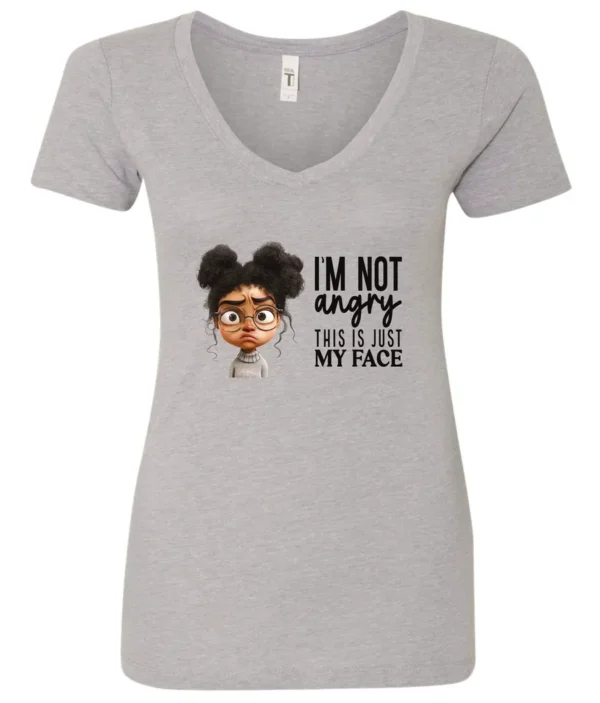 silver funny sarcastic v-neck t-shirt featuring a young black girl with two hair buns, glasses and angry face saying I'm not angry, this is just my face