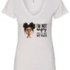 white funny sarcastic v-neck t-shirt featuring a young black girl with two hair buns, glasses and angry face saying I'm not angry, this is just my face