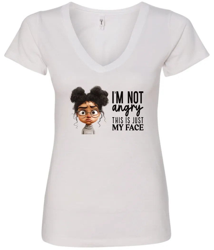 white funny sarcastic v-neck t-shirt featuring a young black girl with two hair buns, glasses and angry face saying I'm not angry, this is just my face