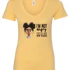yellow funny sarcastic v-neck t-shirt featuring a young black girl with two hair buns, glasses and angry face saying I'm not angry, this is just my face