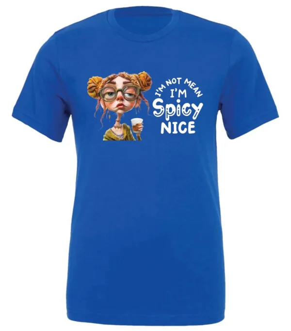 blue sarcastic t-shirt featuring a rasta woman with two orange dreadlock hair buns and green glasses holding a glass of liquor saying I'm not mean, I’m spicy nice