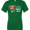 green sarcastic t-shirt featuring a rasta woman with two orange dreadlock hair buns and green glasses holding a glass of liquor saying I'm not mean, I’m spicy nice