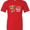 red sarcastic t-shirt featuring a rasta woman with two orange dreadlock hair buns and green glasses holding a glass of liquor saying I'm not mean, I’m spicy nice